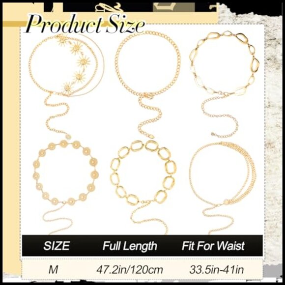6 Piece Alloy Waist Chain Belt Set Adjustable Multi Layer Body Chain